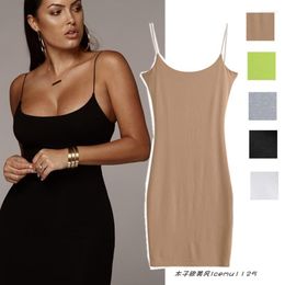 Casual Dresses American Retro U-Collar Rubber Band Camisole Dress Slim Fit Looking Base Solid Color Sheath One-Step Skirt Inner Wear