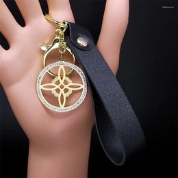 Keychains Witch Knot Crystal Keychain Stainless Steel Witchcraft Symbol PU Leather Car Bag Accessories Keyring Holder Jewellery Llavero