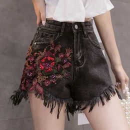 Women's Shorts Embroidery Ripped Denim Shorts 3D Floral High Waist Jeans Short Femme 2024 Summer New Frayed Hole Shorts Women Shorts Y240420