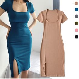 Casual Dresses Pure Desire Fried Street Sexy Front Slit Waist Slim Looking U Collar Short Sleeve Dress High Tight Hip Bag Temperament Tide