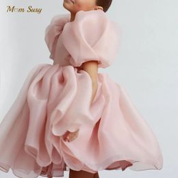 Fashion Girl Princess Vintage Dress Tulle Child Vestido Puff Sleeve Pink Wedding Party Birthday Tutu Clothes 110Y 240416