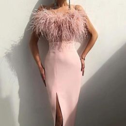 Casual Dresses 2024 Spring/Summer Women Sexy Strap Feather Solid Split Hem Long Vestidos Femme Party Bodycon Dress