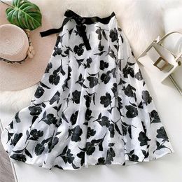Skirts Korean Style Fashion Chiffon Floral Skirt For Women Spring/Summer High-waisted Mid-Length Slim Printed A-line Pleated