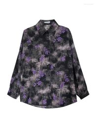 Women's Blouses Korejepo Purple Floral Lapel Shirts Hong Kong Style Long Sleeved Shirt 2024 Summer Korean Women Versatile Loose Mid Length