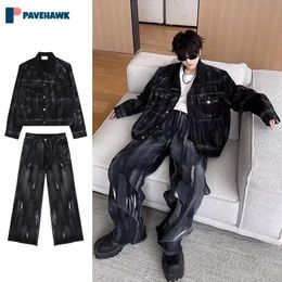 Splash-ink Graffiti Wash Denim Set Men Retro Hip Hop Cowboy Jackets Wide Leg Jeans Spring 2pcs Sets Korea High Street Suits 240415