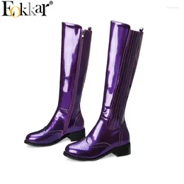 Boots Eokkar 2024 Women Knee High Patent Leather Square Low Heel Elegant Round Toe Oxford Winter Ladies Boot Size 34-43