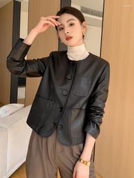 Women's Leather Simple Casual O-neck Real Sheepskin Coat Women 2024 High-end Solid Soft Genuine Cropped Jacket Spring Autumn