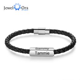 Bangle Jewelora Personalised Engraving 14 Names Stainless Steel Wristband Bracelets Black Braided Leather Bracelets for Men Gifts