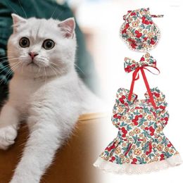Dog Apparel Cute Hats Pet Dress Floral Design Set With Harness Bow Tie For Small Dogs Cats Birthdays Female