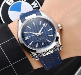 New 41mm AQUA TERRA 150m 22012412103001 Blue Texture Dial Automatic Mens Watch Steel Case Blue Rubber White Line Watches Time6678072