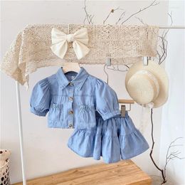 Clothing Sets 2024 Summer Children's Wear Girl's Fashion Cowboy Bubble Sleeve Top With Half Skirt Two Piece Set