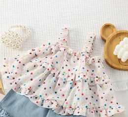 Clothing Sets Girls Summer 2024 Korean Style Sleeveless Colorful Dots Top Casual Fresh Lightweight Thin And Sweet For Outdoor