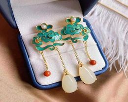 Dangle Chandelier Creative Design Natural Hetian White Jade Enamel Porcelain Tassel Long Earrings Chinese Court Style Elegant La8208526