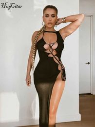 Urban Sexy Dresses Hugcitar 2024 Spring Women Fashion Halter Solid Hollow Out Bandage Bodycon Slim Dress Sexy Y2K Streetwear Revealing Outfit Y240420