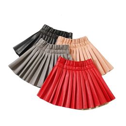 Girls Candy Color Leather Skirt Little Princess Leather Leather Skirt Short Short Kids Jeist Jeist Half Plateed Skirt 240428