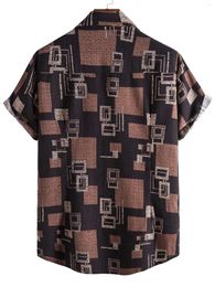 Men's Casual Shirts 2024 Oversized Short Sleeved With Plaid Print LapeL Top Brown Shirt Trend