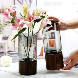 Vases Cylindrical Base Home Transparent With Vase Wooden Decoration Flower Plant Container Glass Hydroponic Arrangement