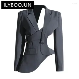 Women's Suits ILYBOOJUN Hollow Out Backless Slimming Blazers For Women Notched Collar Long Sleeve Spliced Button Irregular Blazer Female