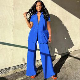 Women's Two Piece Pants Women Fashion Solid Colour Suit Summer Workplace Business Lapel Short Sleeve Shirt And High Waist Wide Leg