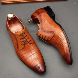 Dress Shoes Classic Men's Oxford Genuine Cow Leather Lace Up Pointed Stone Pattern Brogue Designer Office Wedding For Men