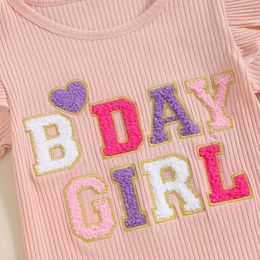 Clothing Sets Little Girl Birthday Outfits Letter Embroidery Short Sleeve T-Shirt With Solid Color Lettuce Hem Shorts