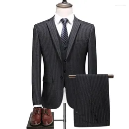 Men's Suits Casual Tuxedo Striped Wedding Men Dress Slim Fit Costume Homme Quality Business Suit Blazer Vest Pant Dark Grey S-4XL