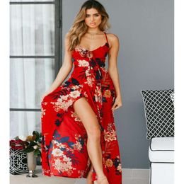 New 2024 Spring/Summer With Printed Large Hem, Fit, Slim Strap, Low Cut Long Dress
