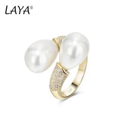 LAYA Fashion Adjustable Double Pearl With Side Stones Ring Women039s Engagement 925 Sterling Silver Party Anniversary Gift High4068433748