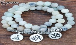 Yumfeel Natural Matte Frosted Ite Om Lotus Flower Buddha Charm Bracelet Bangles Stone Jewelry8530175