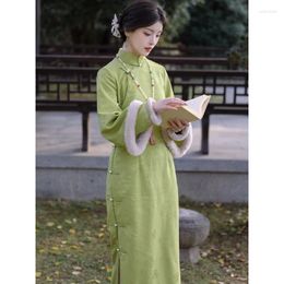 Work Dresses Two-piece Women Improved Hanfu Fashion Suit Winter Chinese Style Vest Plus Velvet Dress Embroidered Long Sleeves