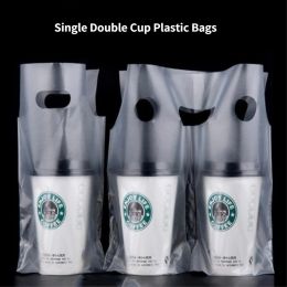 Bags 100pcs Handle Bags Coffee Bag Transparent Tote Packaging Pocket Single Double Cup Plastic Shopping Bags Cokes Tea Drink Pouches