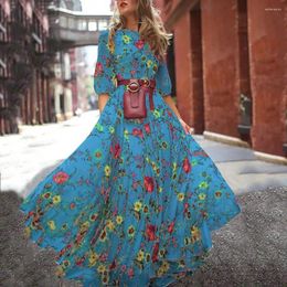 Casual Dresses Women Maxi Dress Flower Print A-line Big Swing High Waist Round Neck Half Sleeve Pleated Soft Breathable Spring Fall Evening