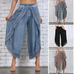Women's Pants Women Fashion Loose Harem Sports Mid-Rise Elastic Waistband Wide Leg Solid Lace Trim Casual