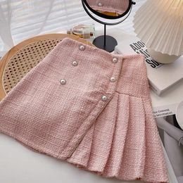 Skirts Autumn Winter Retro Plaid Slim Pleated A-line Woolen Half-length Skirt Womens Irregular Pearl Buckle High Waist Mini Tweed