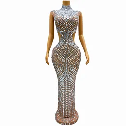 Stage Wear Silver Mirrors Rhinestones Hollow Waist Dress Sexy Transparent Outfit Dance Show Nightclub Costume Party Loukongxing