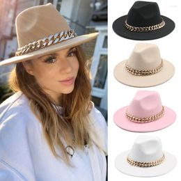 Berets Women's Wide Brim Fedora Hats With Gold Chain Felt Panama Hat Jazz Caps Ladies Fedoras Vintage Dress Formal