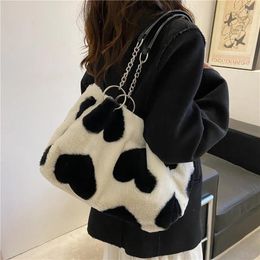 Evening Bags INS Fashion Women Flower Print Mini Shoulder Female Winter Plush Underarm Heart Pattern Fluffy Tote