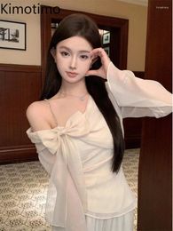 Women's Blouses Kimotimo Summer Off Shoulder Bow Chiffon Blouse Women Korean Sweet Flare Sleeve Slim Crop Top Sexy Fashion Night Party