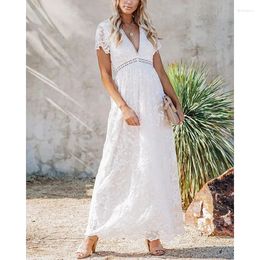 Party Dresses 2024 Summer Boho Women Maxi Dress Embroidery Short Sleeve Vocation Sexy White Lace Tunic Long Beach