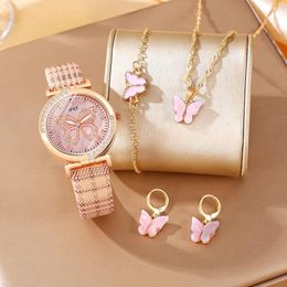 Wristwatches 5 Pcs Ladies Fashion Simple Trend Butterfly Digital Pointer Belt Quartz Watch Pearl Pink Jewellery Set Christmas Gift