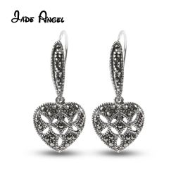 Earrings Jade Angel 925 Sterling Silver Openwork Pattern Heart Dangle Earrings Vintage Marcasite Ear Drop for Women Party Banquet Gift