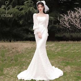 Casual Dresses YOSIMI Women Party Long Trumpet Dress Summer White Lace Full Length With Trailing Sleeve Wedding Elegant Mermaid