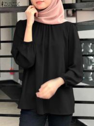 Clothing Elegant Women O Neck Long Sleeve Solid Blouse ZANZEA Fashion Autumn Muslim Shirt Casual Dubai Turkey Abaya Hijab Top Eid Mubarek