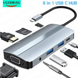 Hubs 8 in 1 USB C Hub Docking Station Type C To 4K HDTV Adapter OTG with VGA Thunderbolt 3 PD USB3.0 SD/TF 3.5mm for MacBook Laptop