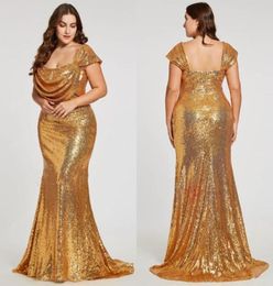 Sparkling Gold Sequined Mermaid Evening Dresses Plus Size Capped Off Shoulder Prom Formal Gowns Zipper Back Cheap Dress4011273