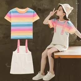 Clothing Sets Baby Girls Summer Kids Short Sleeve Outfit For Girl Striped T Shirt Strap Dress 2Pcs Children Clothes Suit