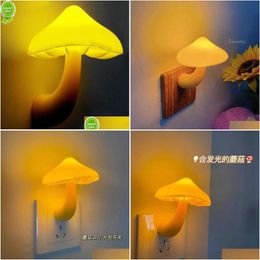 Decorative Objects Figurines Environmental Protection Led Night Light Mushroom Wall Lamp Eu Plug Control Induction Energy Saving Bedro Dhows