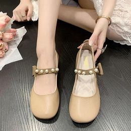Dress Shoes 2024 Women's Mary Jane Single Sweet Pearl Bowknot Heels Round Toe Shallow Pumps Soft Sole Small Loafers Casual