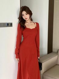 Casual Dresses Insta Retro Waist-Controlled Solid Color Long Sleeve Dress