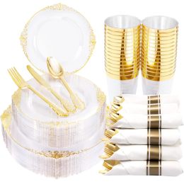 Sets 60pcs golden plastic plates included 10 dessert plates 10 cups 10 forks 10 knives 10 spoons suitable for 10 guests to use